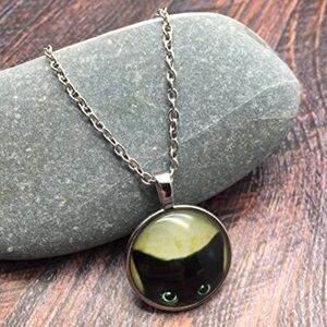 Black CAT Necklace - Round Yellow Resin Pendant on 45cm (18")Silver Plated Chain